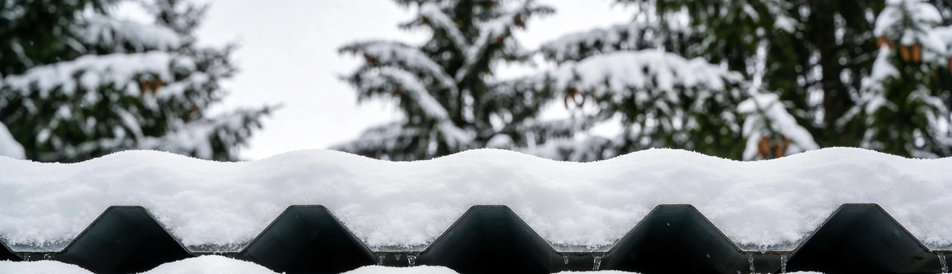 Schnee liegt auf einem Trapezblechdach, an der Traufe sind die Rippen zu sehen