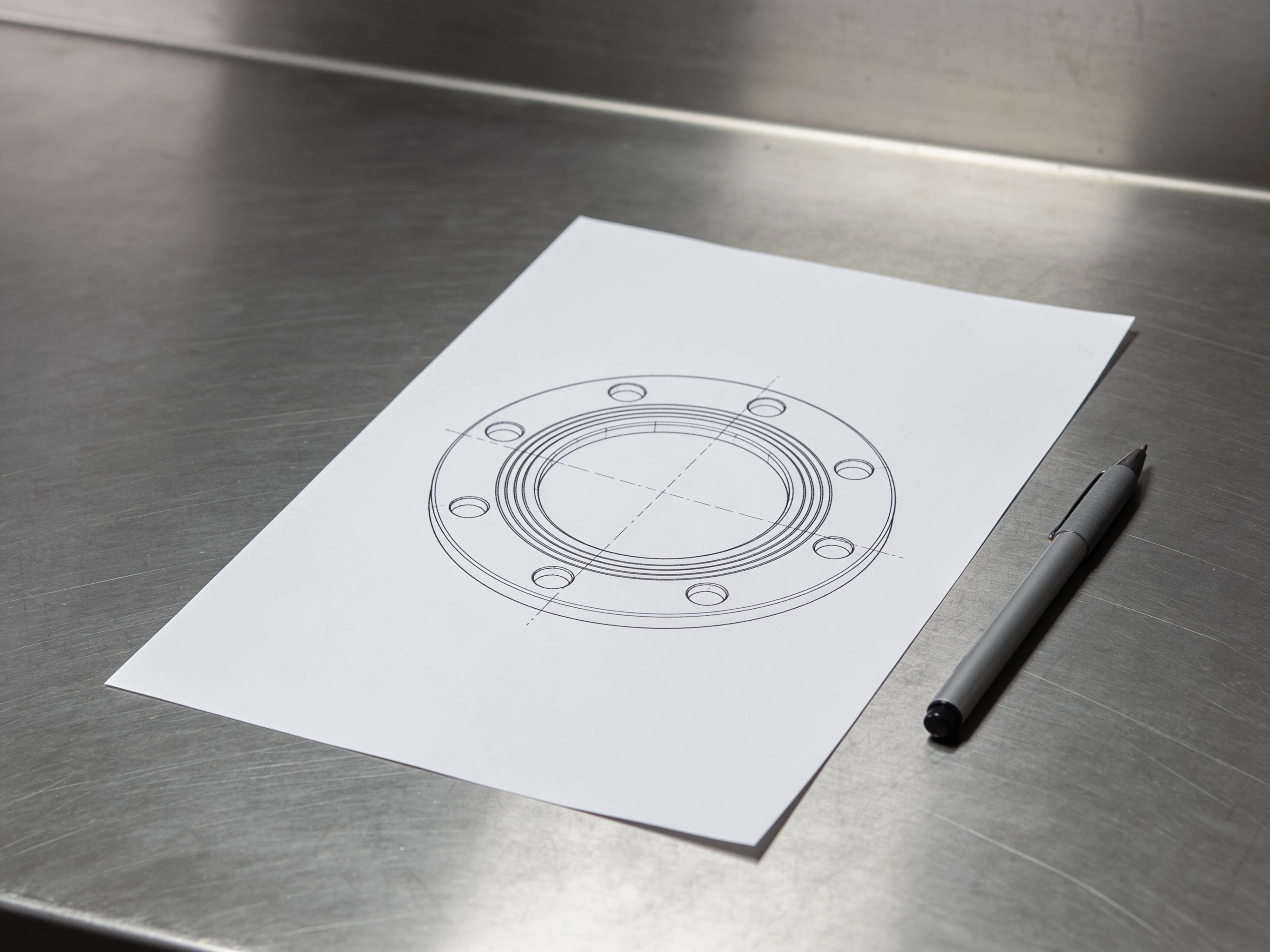 Technische Strichzeichnung eines Rings mit Bohrungen auf einer Edelstahltafel, daneben ein Stift
