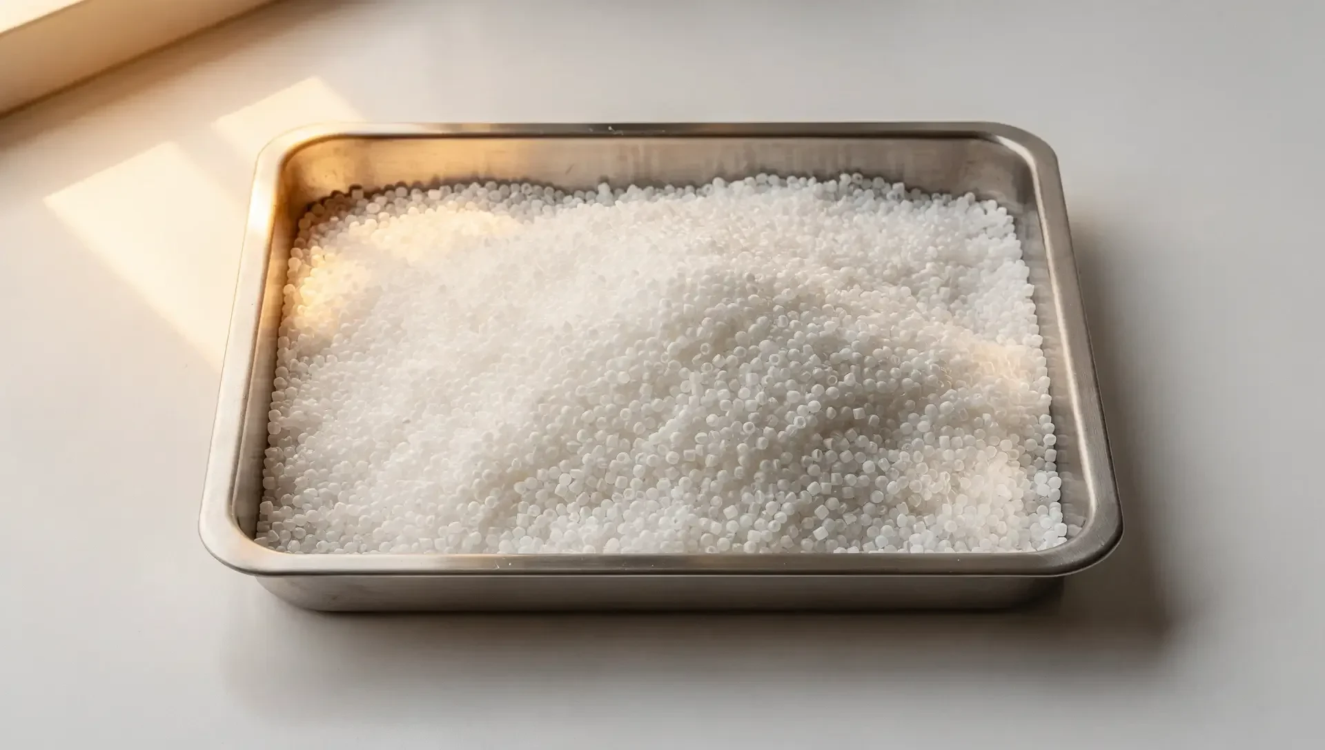 Naturfarbenes Kunststoffgranulat in einer Edelstahlschale