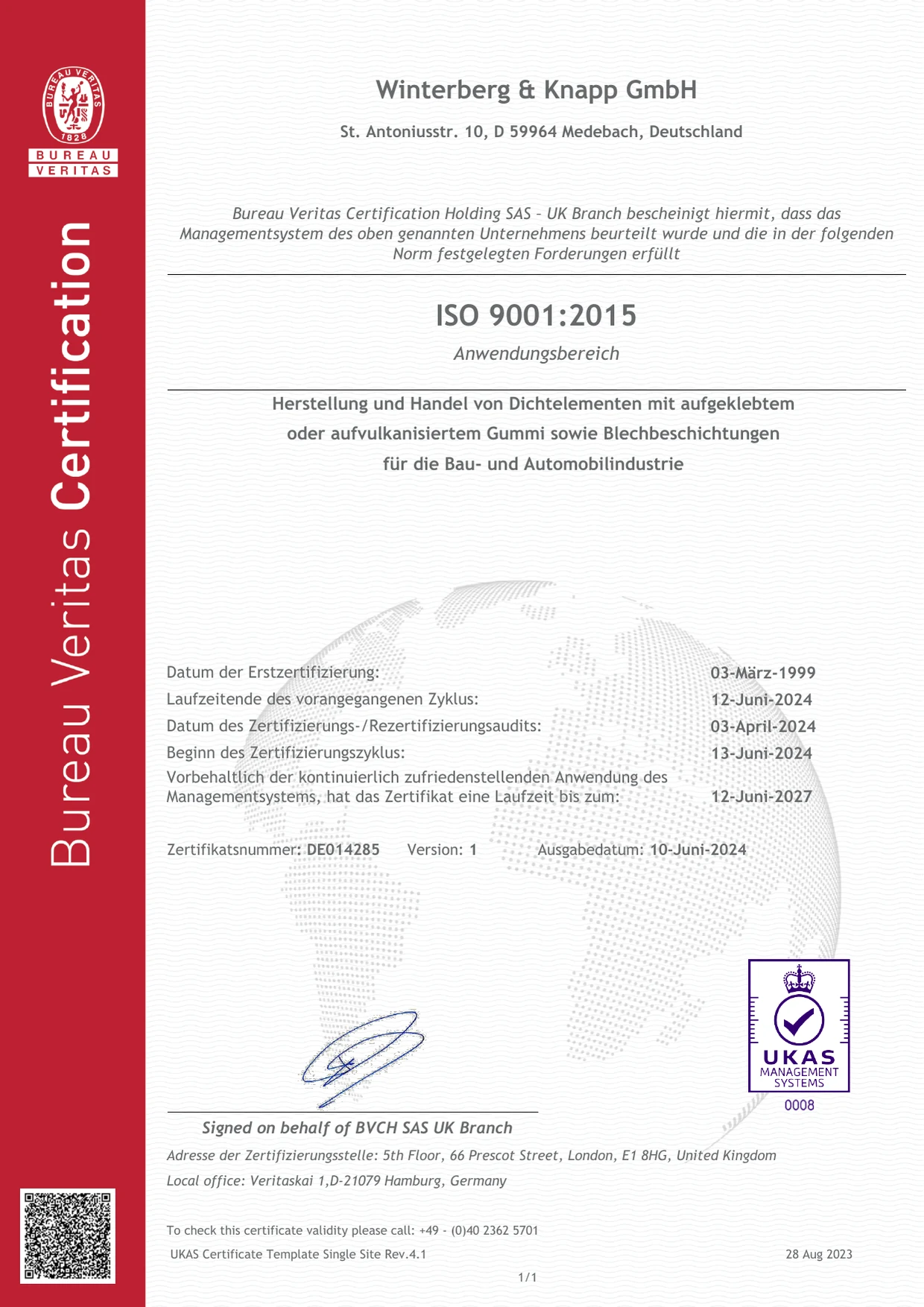 Zertifikat ISO 9001:2015 von Bureau Veritas für die Winterberg & Knapp GmbH
